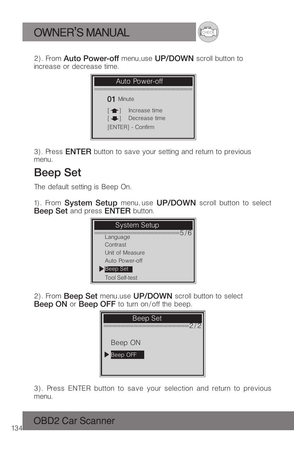 Owner s manual, Beep set, Obd2 car scanner | Roadi RDT51 User Manual | Page 138 / 186