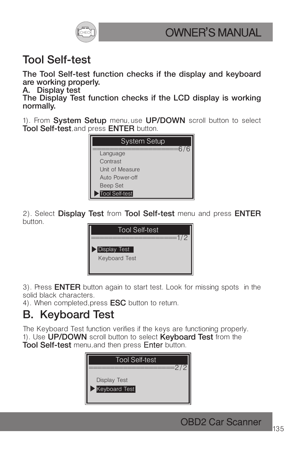 Owner s manual, Tool self-test, B. keyboard test | Obd2 car scanner | Roadi RDT51 User Manual | Page 139 / 186