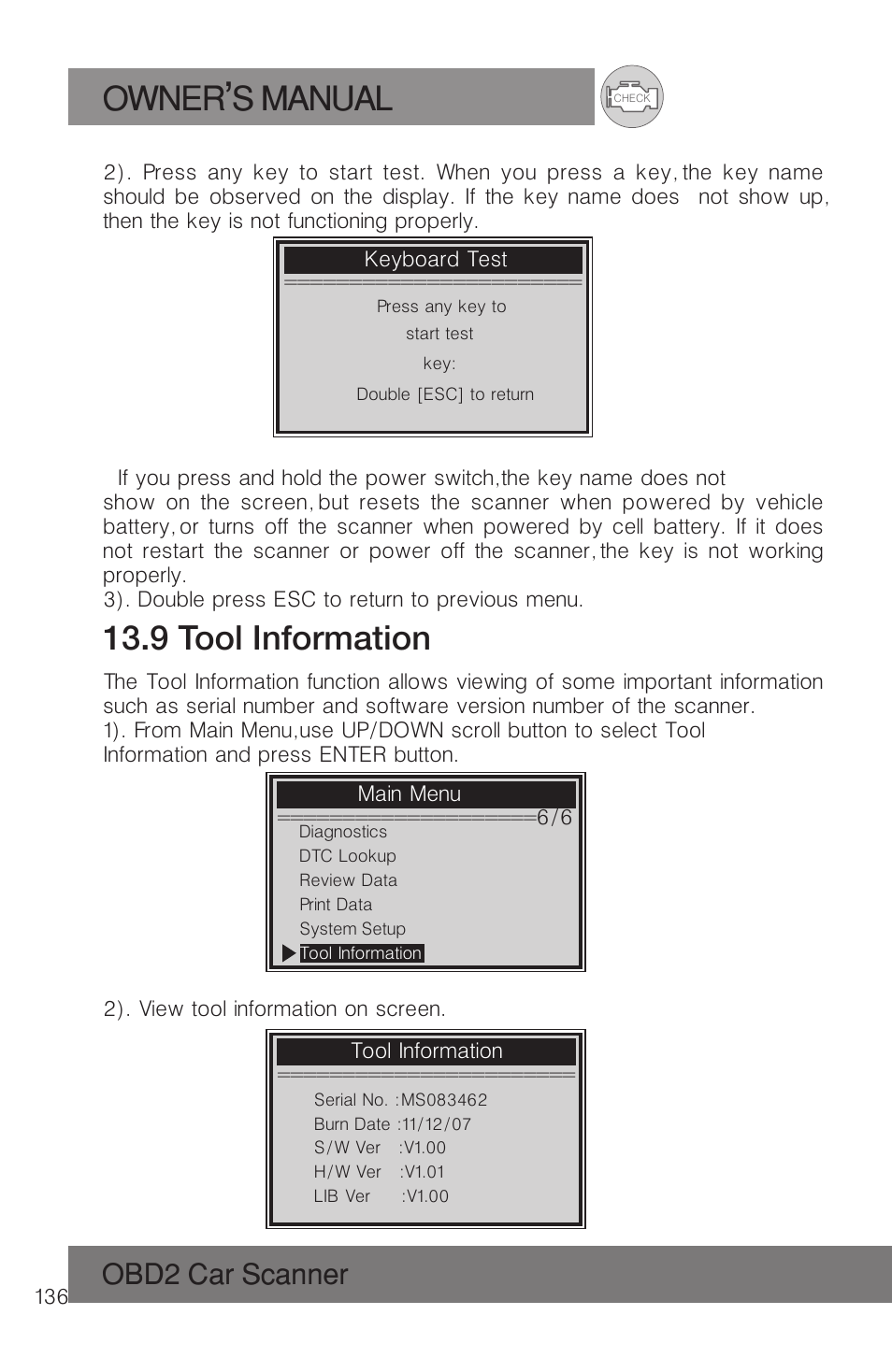 Owner s manual, 9 tool information, Obd2 car scanner | Roadi RDT51 User Manual | Page 140 / 186
