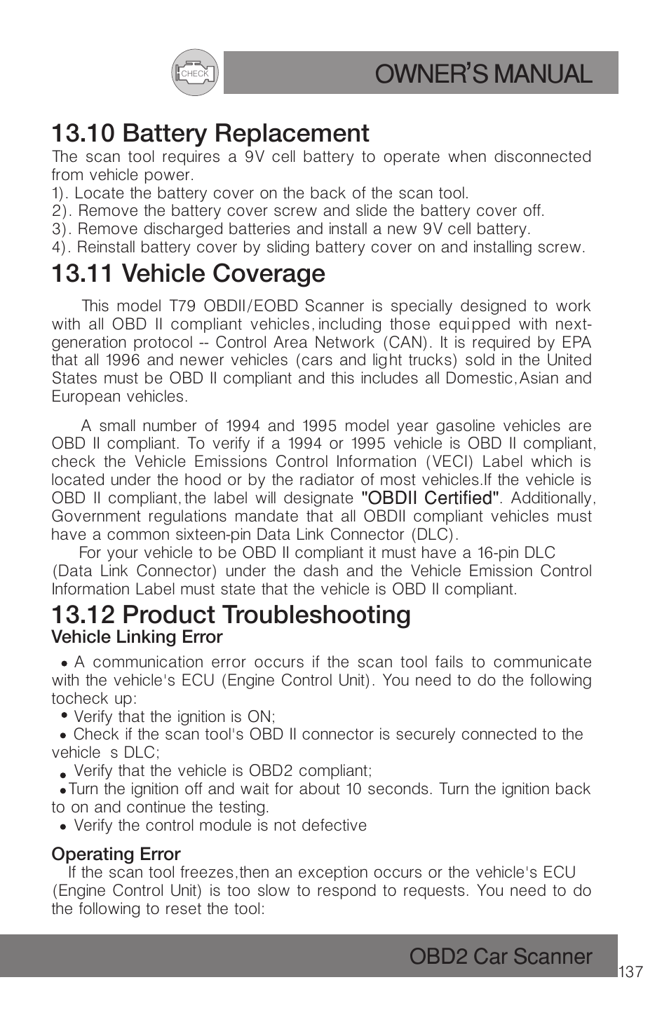 Owner s manual, 10 battery replacement, 11 vehicle coverage | 12 product troubleshooting | Roadi RDT51 User Manual | Page 141 / 186