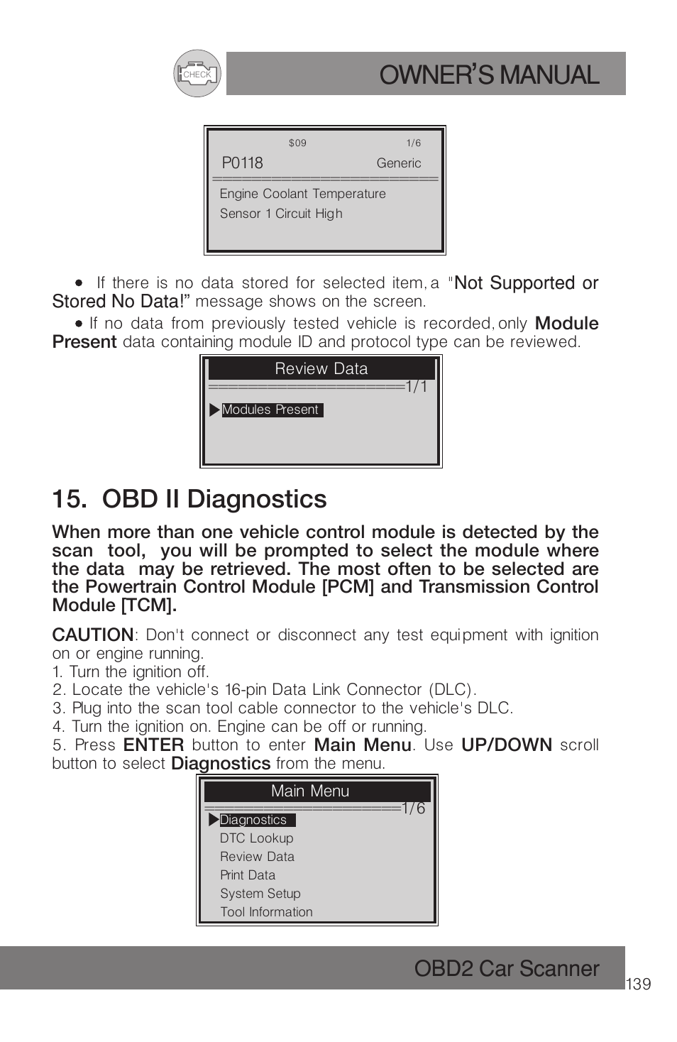 Owner s manual, Obd ii diagnostics, Obd2 car scanner | Roadi RDT51 User Manual | Page 143 / 186