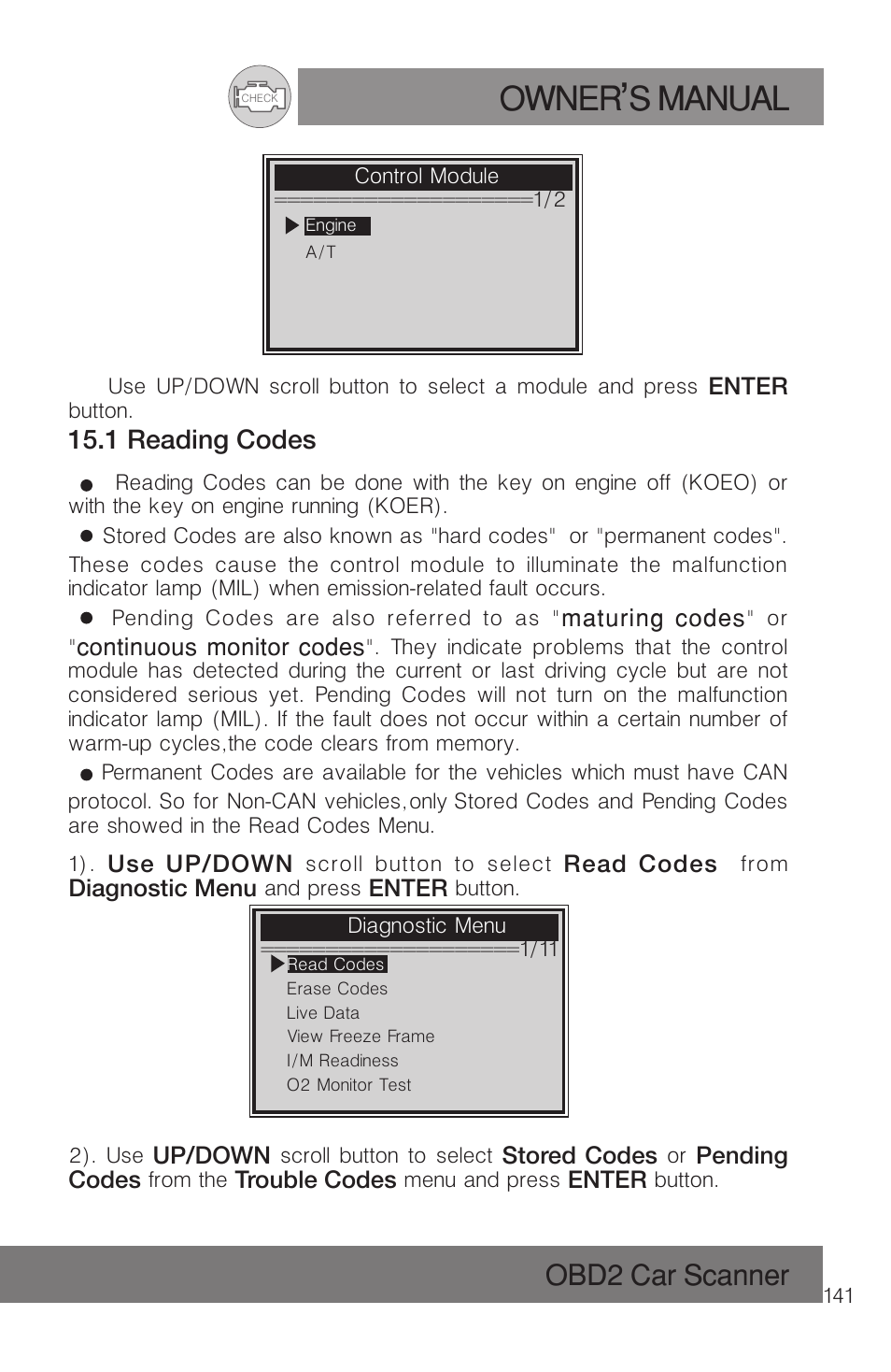 Owner s manual, Obd2 car scanner | Roadi RDT51 User Manual | Page 145 / 186