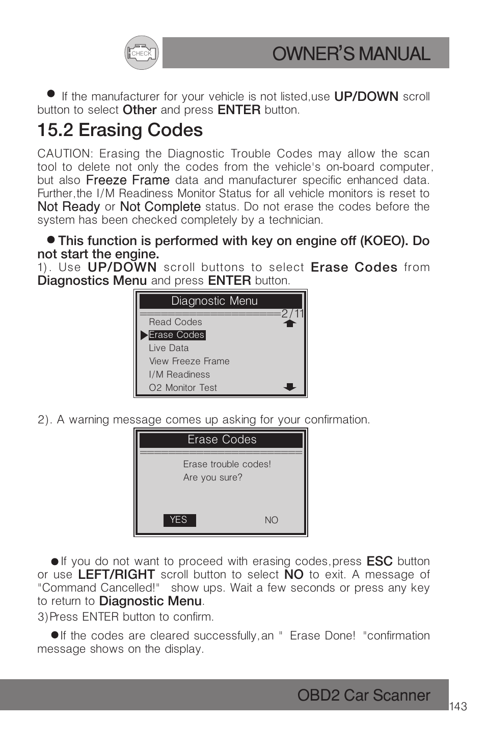 Owner s manual, 2 erasing codes, Obd2 car scanner | Roadi RDT51 User Manual | Page 147 / 186