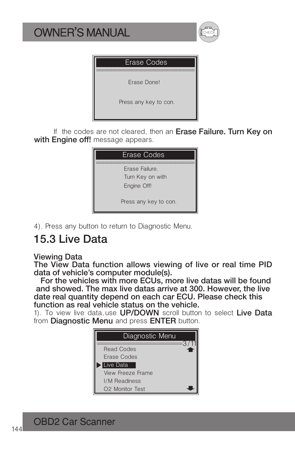Owner s manual, 3 live data, Obd2 car scanner | Roadi RDT51 User Manual | Page 148 / 186