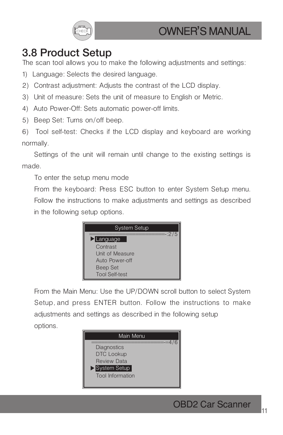 Owner s manual, 8 product setup, Obd2 car scanner | Roadi RDT51 User Manual | Page 15 / 186