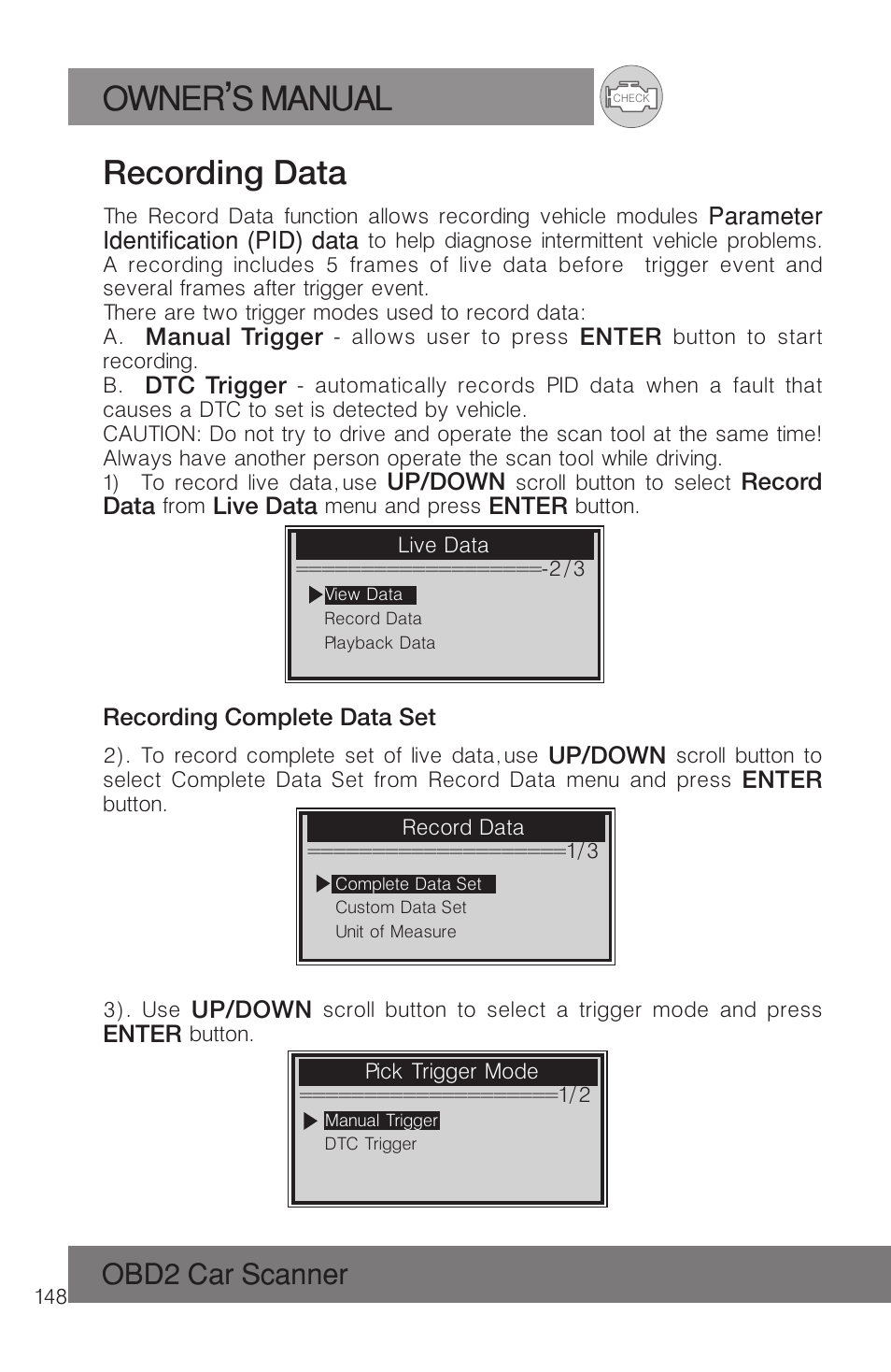 Owner s manual, Recording data, Obd2 car scanner | Roadi RDT51 User Manual | Page 152 / 186