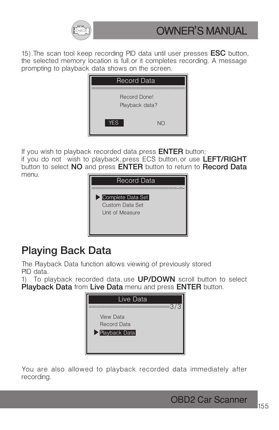 Owner s manual, Playing back data, Obd2 car scanner | Roadi RDT51 User Manual | Page 159 / 186