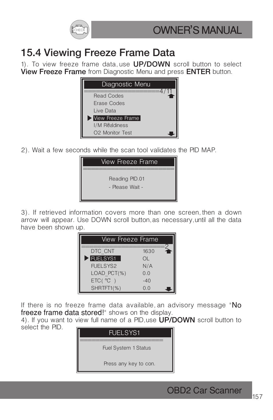 Owner s manual, 4 viewing freeze frame data, Obd2 car scanner | Roadi RDT51 User Manual | Page 161 / 186