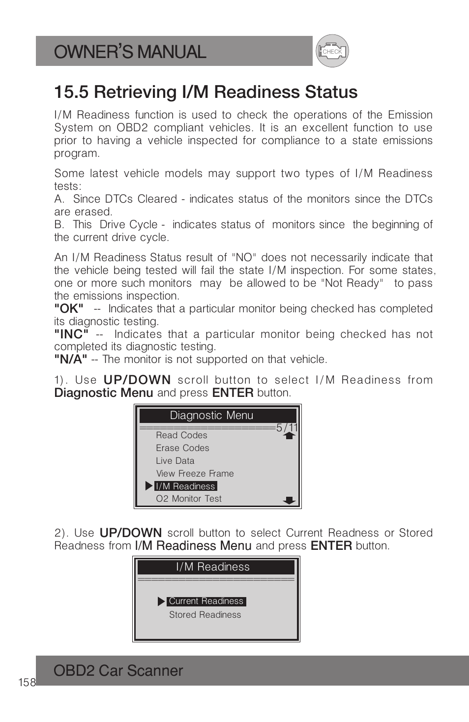 Owner s manual, 5 retrieving i/m readiness status, Obd2 car scanner | Roadi RDT51 User Manual | Page 162 / 186