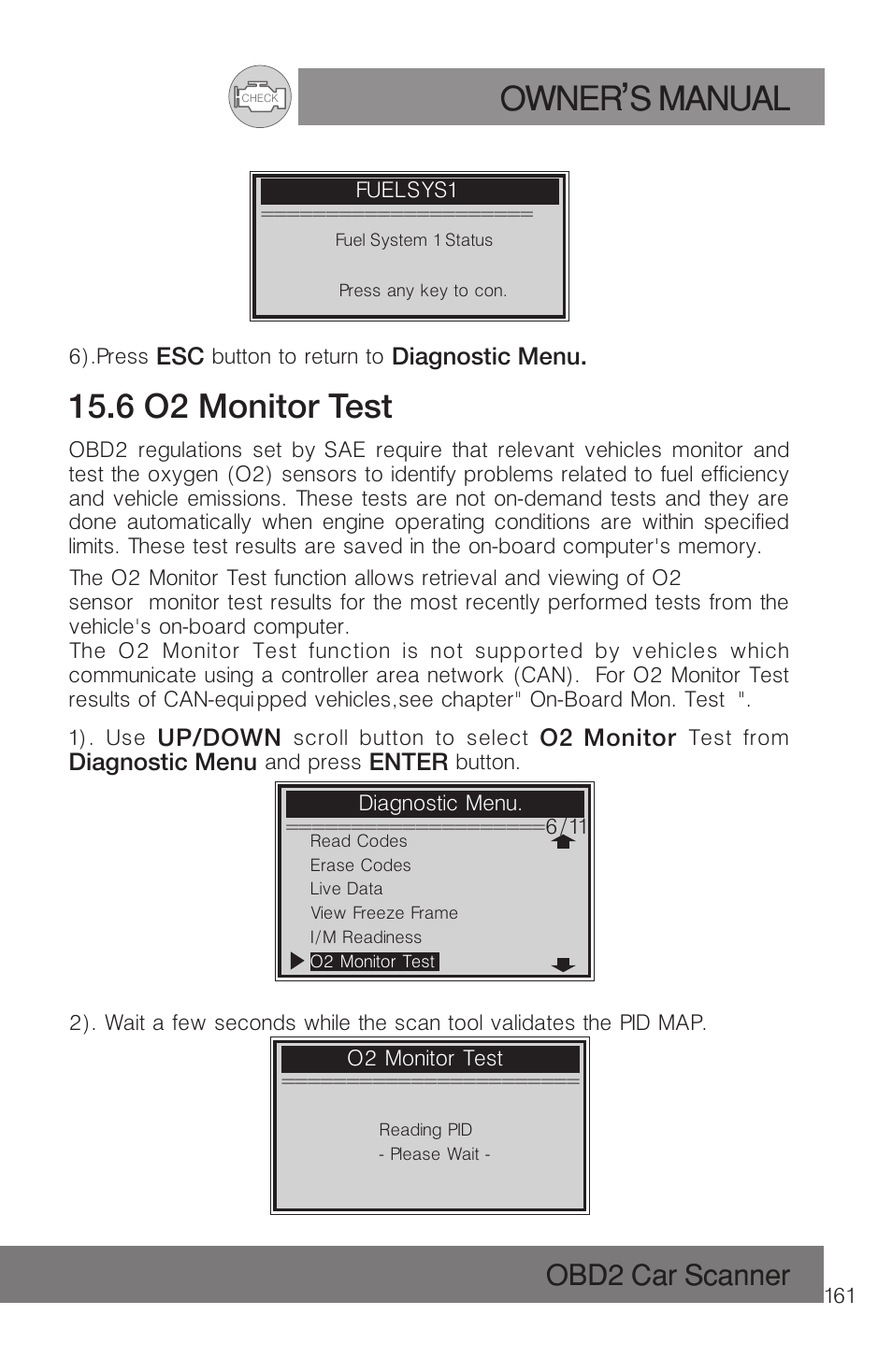 Owner s manual, 6 o2 monitor test, Obd2 car scanner | Roadi RDT51 User Manual | Page 165 / 186