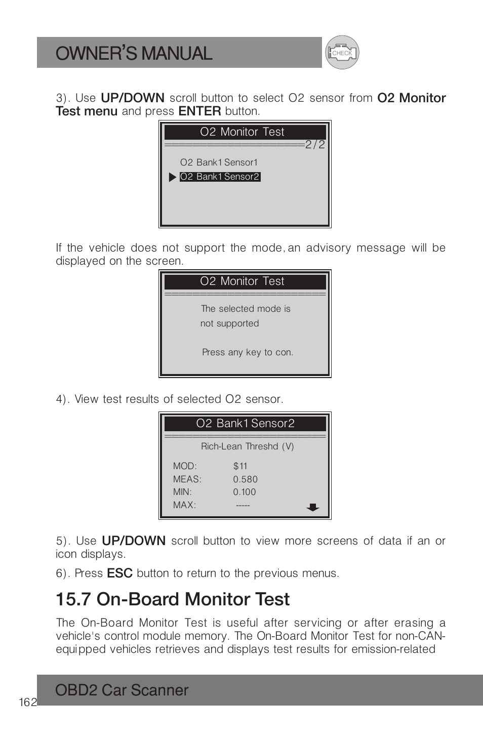 Owner s manual, 7 on-board monitor test, Obd2 car scanner | Roadi RDT51 User Manual | Page 166 / 186