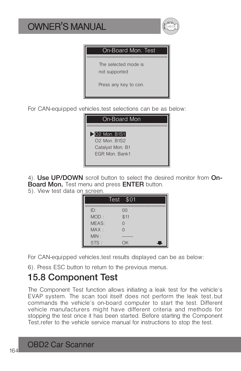 Owner s manual, 8 component test, Obd2 car scanner | Roadi RDT51 User Manual | Page 168 / 186