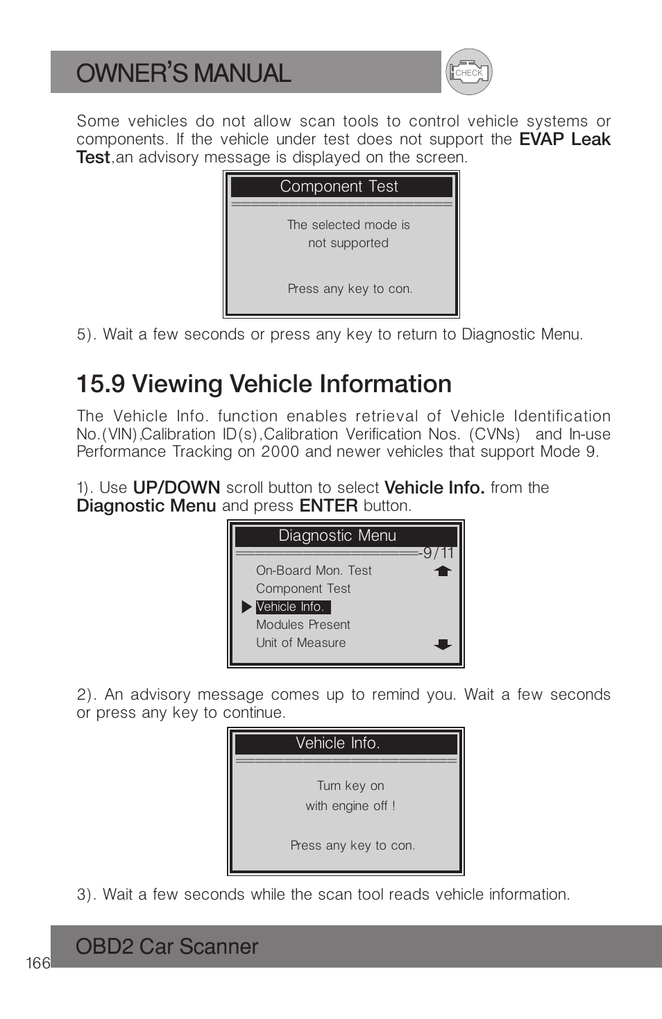 Owner s manual, 9 viewing vehicle information, Obd2 car scanner | Roadi RDT51 User Manual | Page 170 / 186