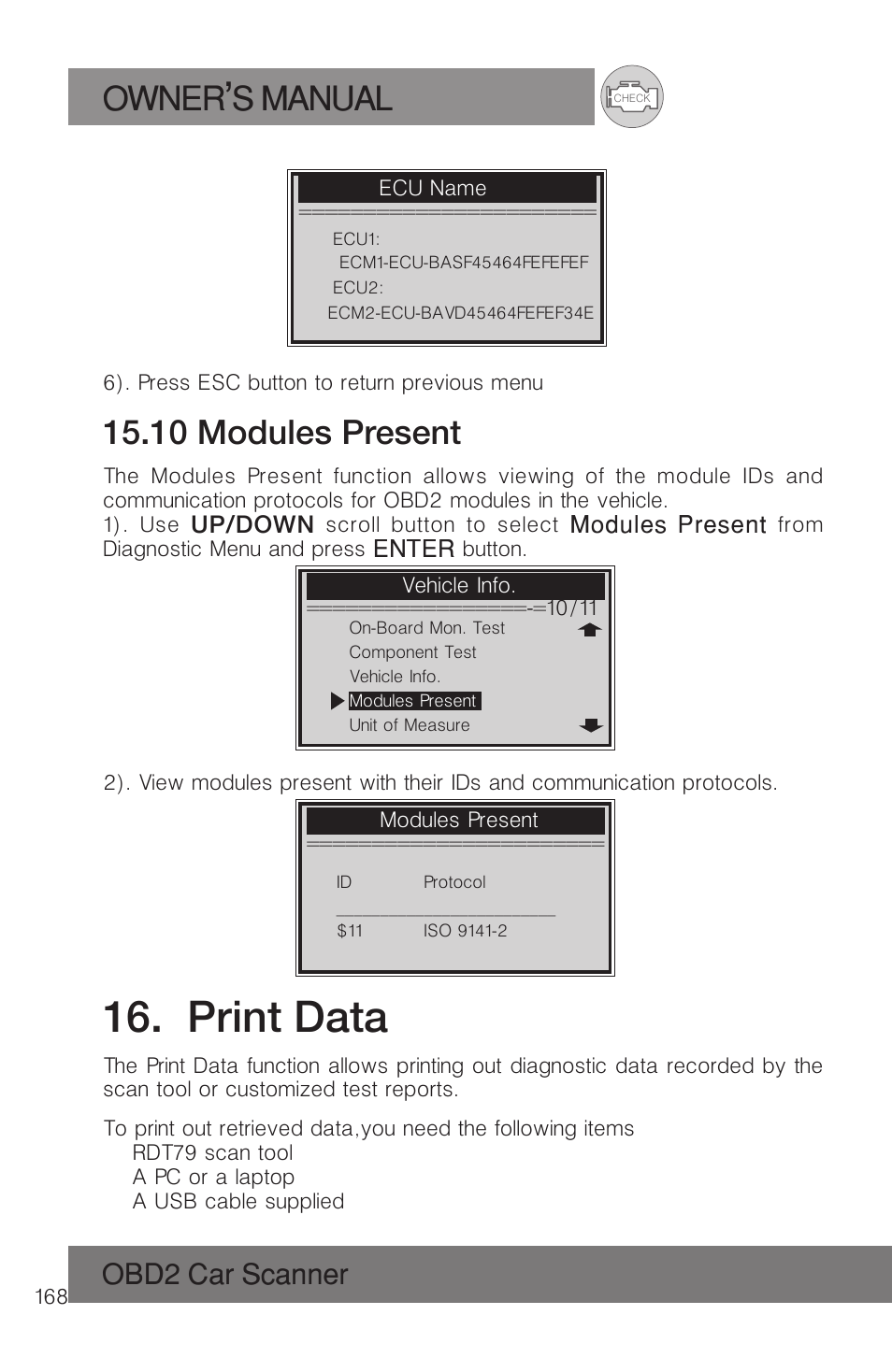 Print data, Owner s manual, 10 modules present | Obd2 car scanner | Roadi RDT51 User Manual | Page 172 / 186