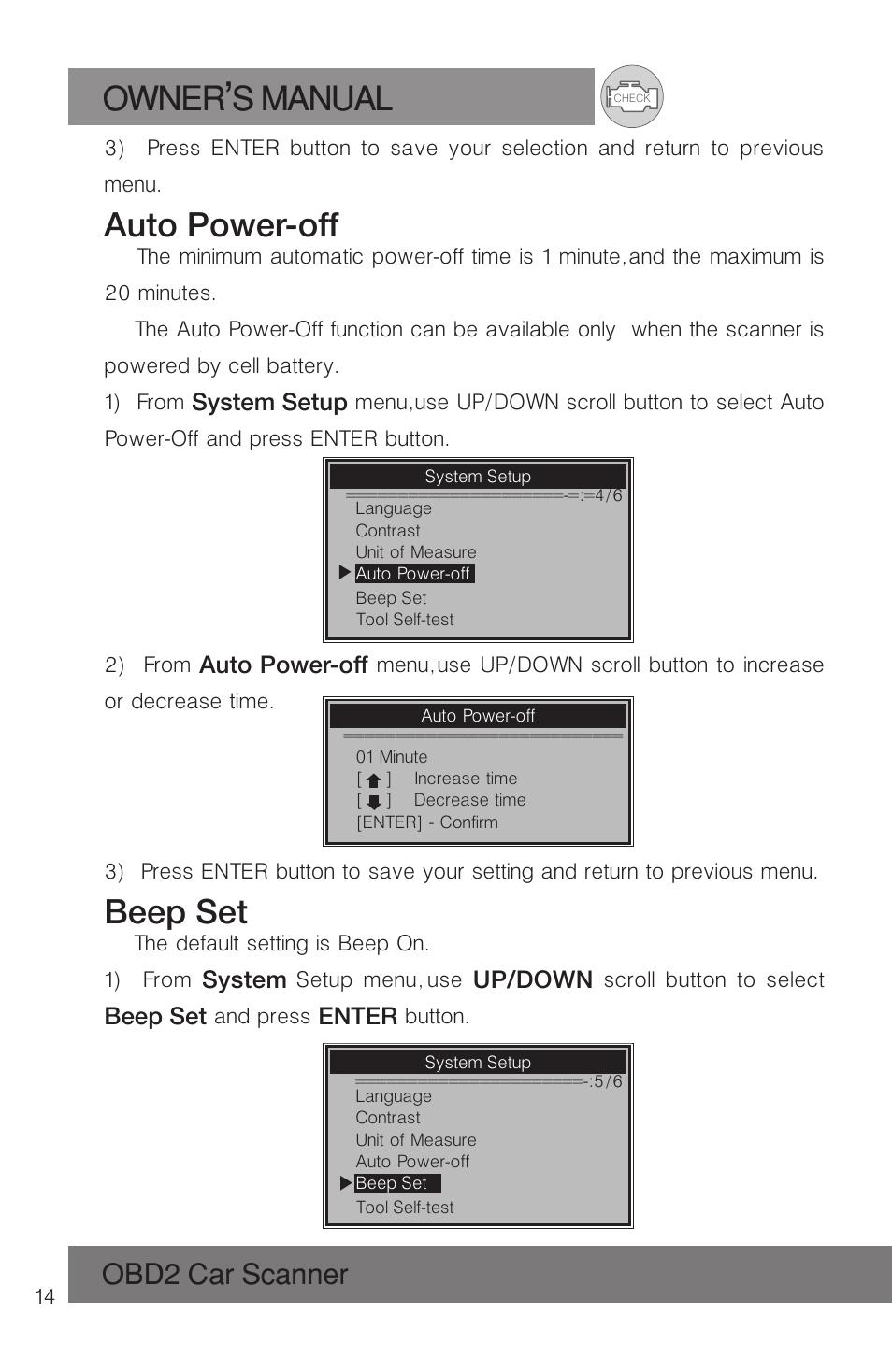 Owner s manual, Auto power-off, Beep set | Obd2 car scanner | Roadi RDT51 User Manual | Page 18 / 186