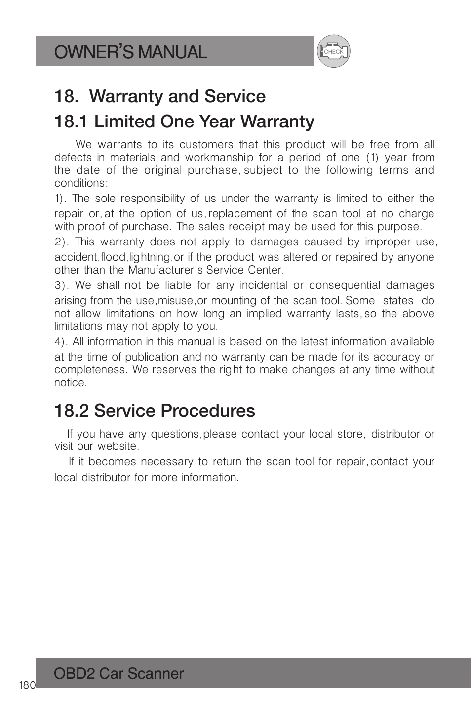Owner s manual, 2 service procedures | Roadi RDT51 User Manual | Page 184 / 186