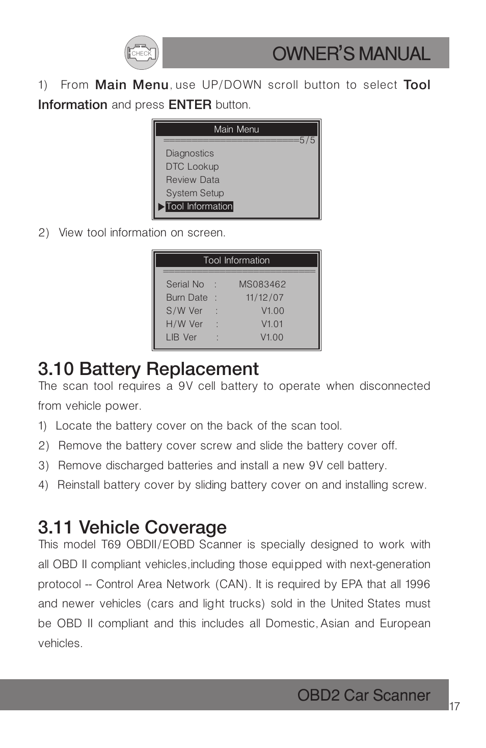 Owner s manual, 10 battery replacement, 11 vehicle coverage | Obd2 car scanner | Roadi RDT51 User Manual | Page 21 / 186