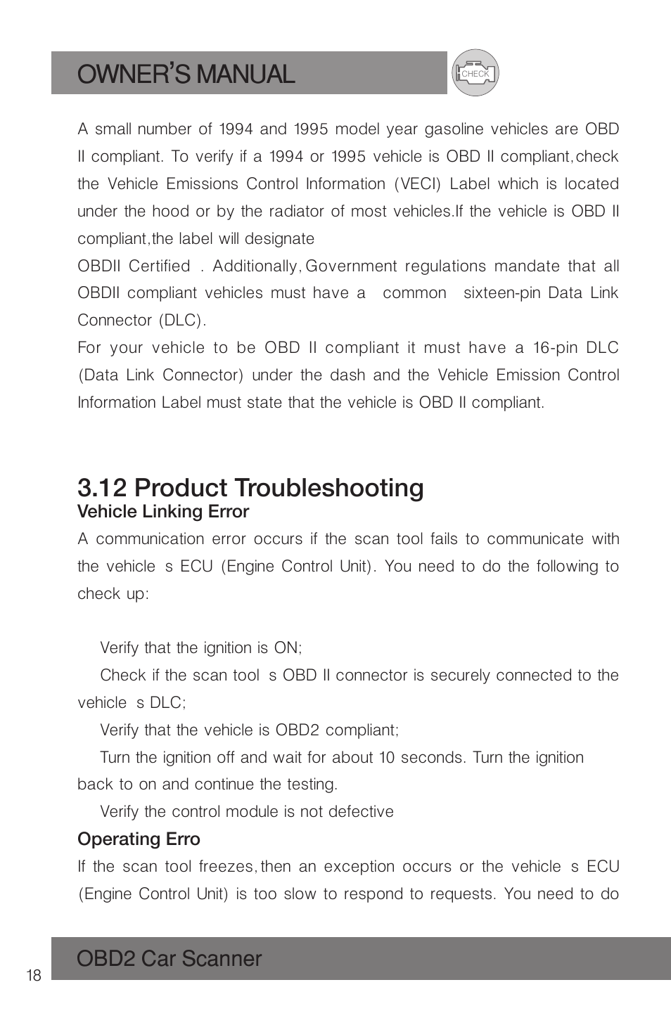 Owner s manual, 12 product troubleshooting, Obd2 car scanner | Roadi RDT51 User Manual | Page 22 / 186