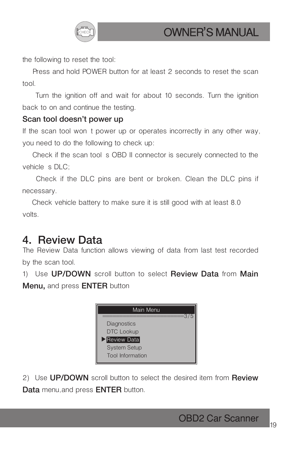 Owner s manual, Review data, Obd2 car scanner | Roadi RDT51 User Manual | Page 23 / 186