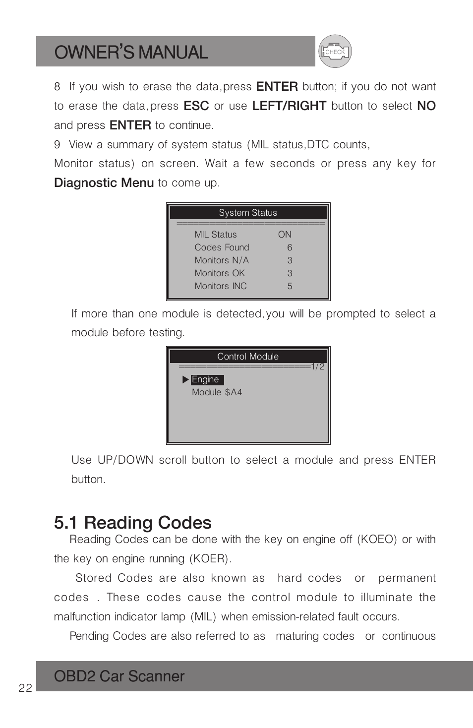 Owner s manual, 1 reading codes, Obd2 car scanner | Roadi RDT51 User Manual | Page 26 / 186