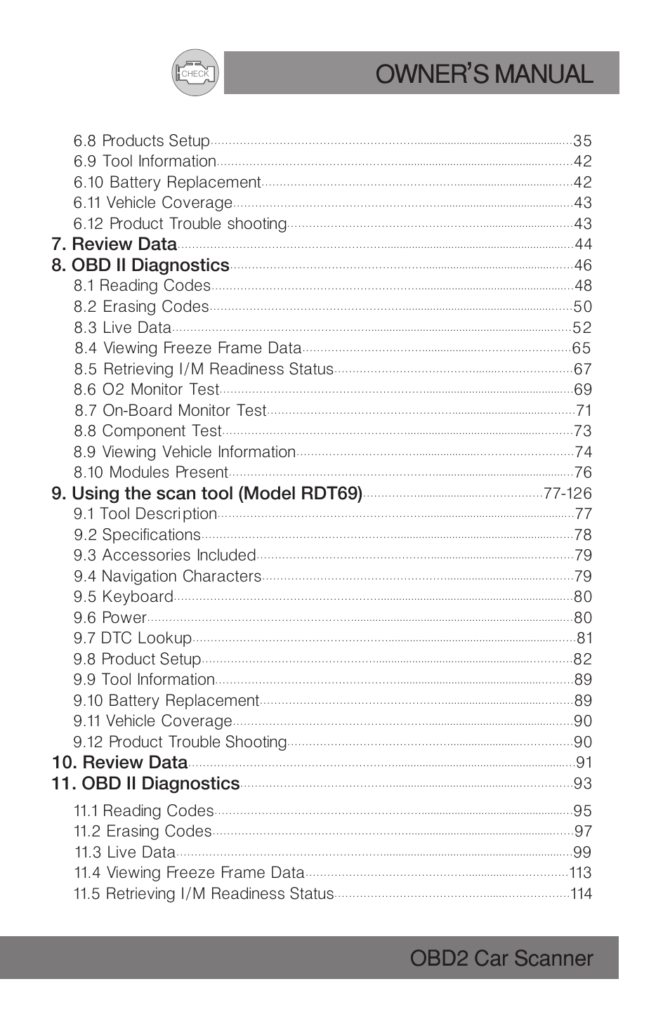 Owner s manual, Obd2 car scanner | Roadi RDT51 User Manual | Page 3 / 186