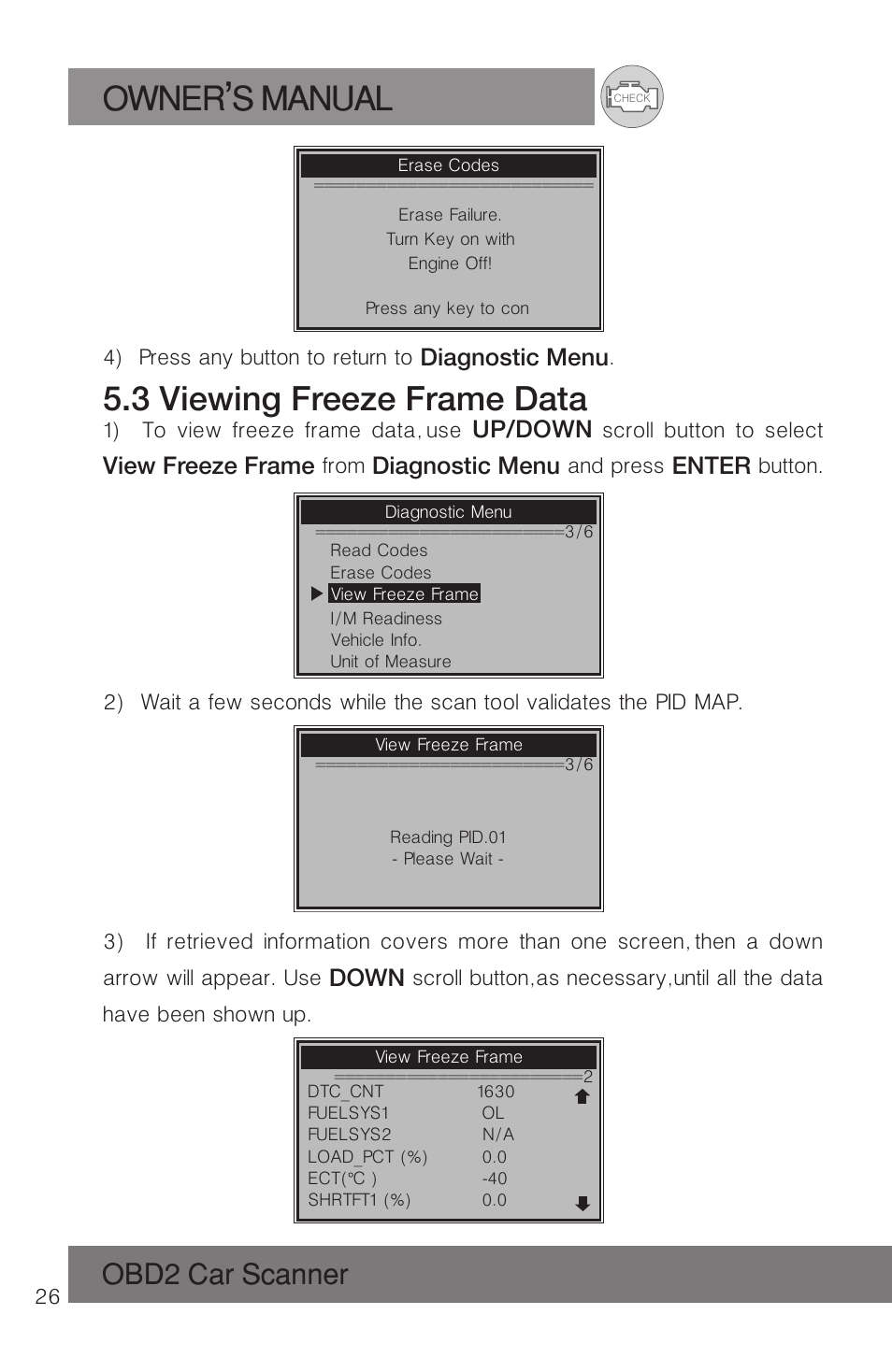 Owner s manual, 3 viewing freeze frame data, Obd2 car scanner | Roadi RDT51 User Manual | Page 30 / 186