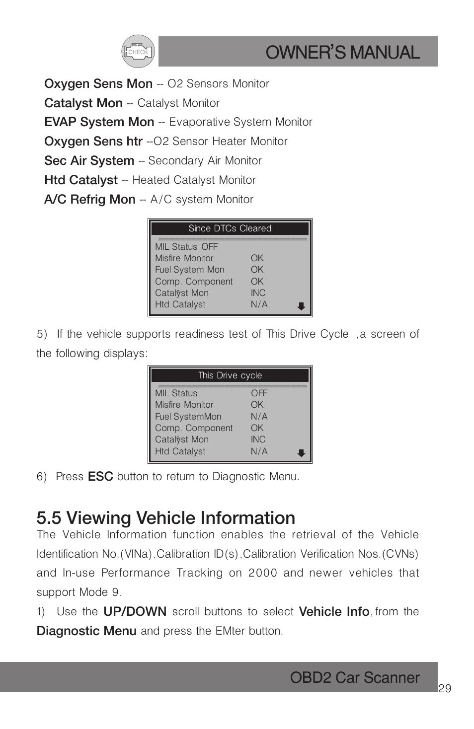 Owner s manual, 5 viewing vehicle information, Obd2 car scanner | Roadi RDT51 User Manual | Page 33 / 186