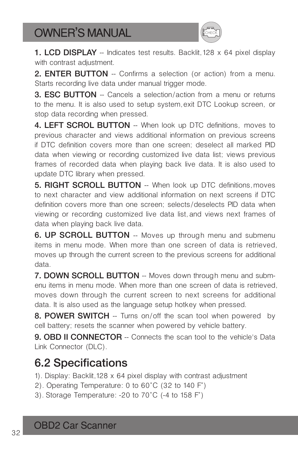 Owner s manual, 2 specifications | Roadi RDT51 User Manual | Page 36 / 186