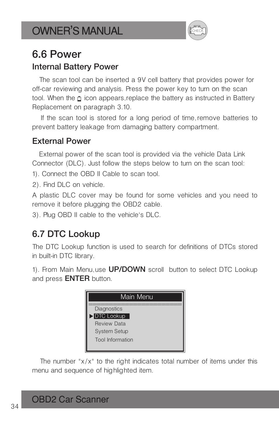 Owner s manual, 6 power, Obd2 car scanner | 7 dtc lookup | Roadi RDT51 User Manual | Page 38 / 186