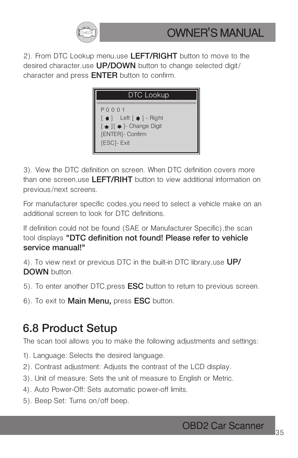 Owner s manual, 8 product setup, Obd2 car scanner | Roadi RDT51 User Manual | Page 39 / 186