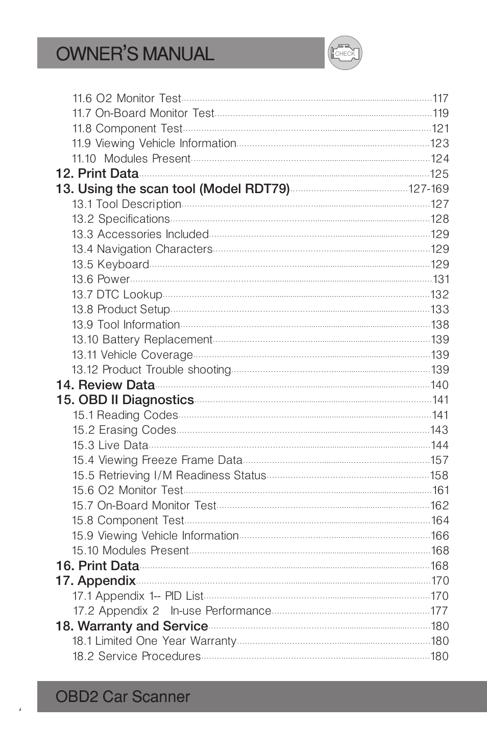 Owner s manual, Obd2 car scanner | Roadi RDT51 User Manual | Page 4 / 186