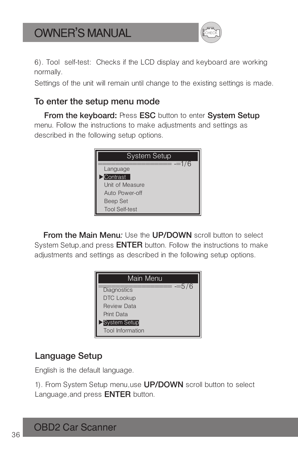 Owner s manual, Obd2 car scanner, Language setup | Roadi RDT51 User Manual | Page 40 / 186