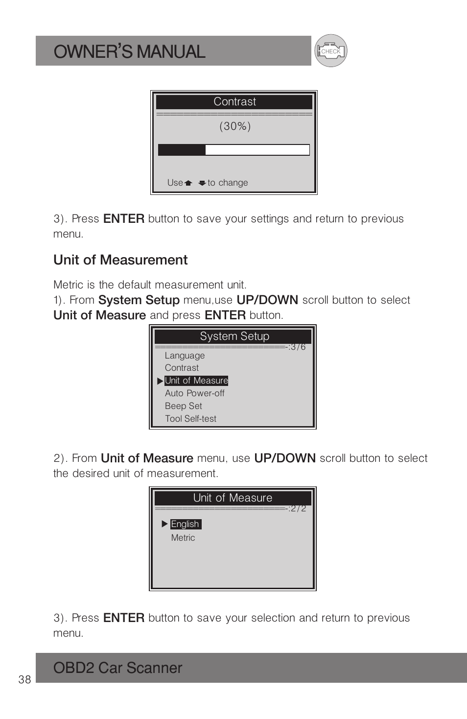 Owner s manual, Obd2 car scanner, Unit of measurement | Roadi RDT51 User Manual | Page 42 / 186