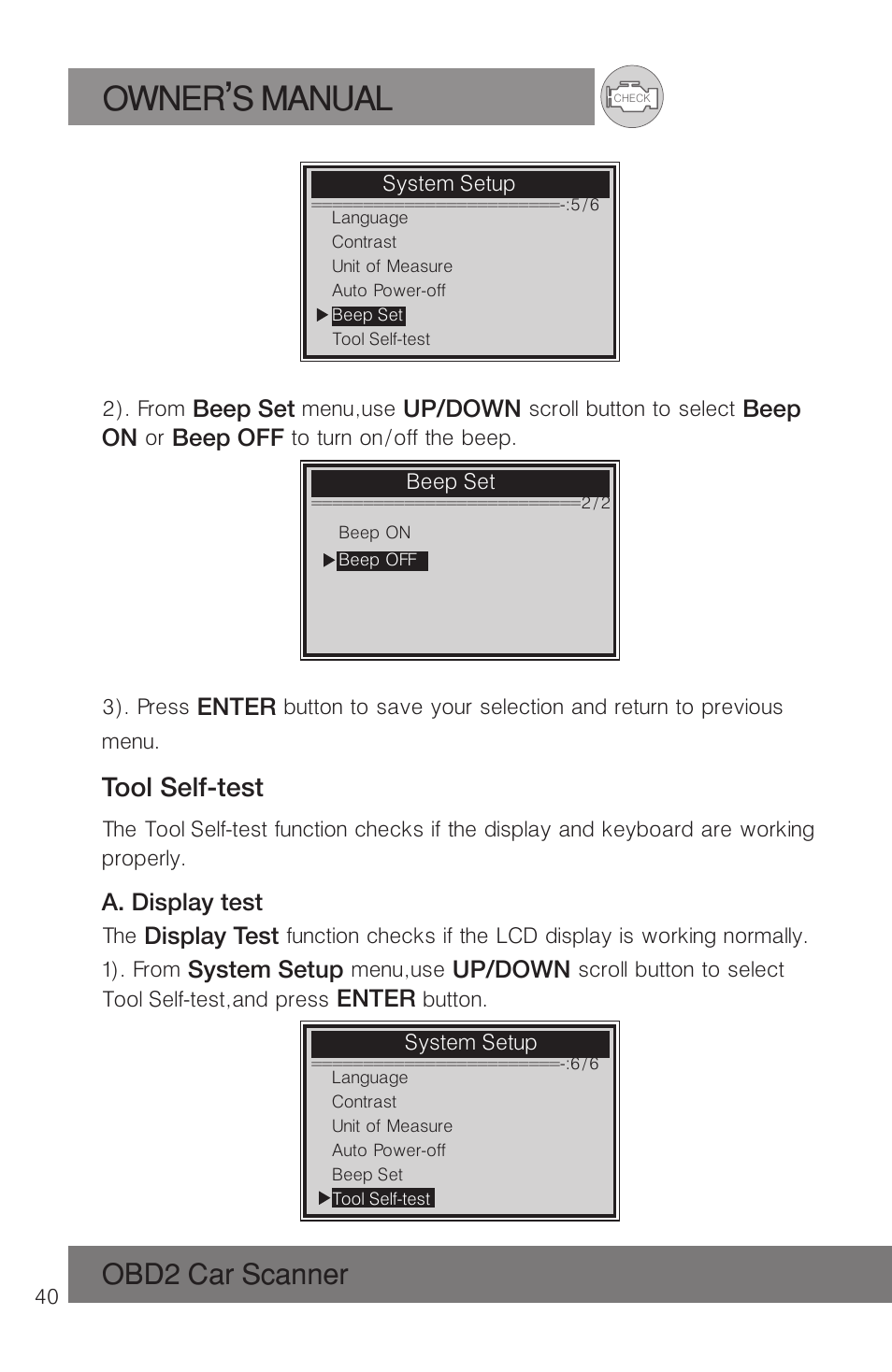 Owner s manual, Obd2 car scanner, Tool self-test | Roadi RDT51 User Manual | Page 44 / 186