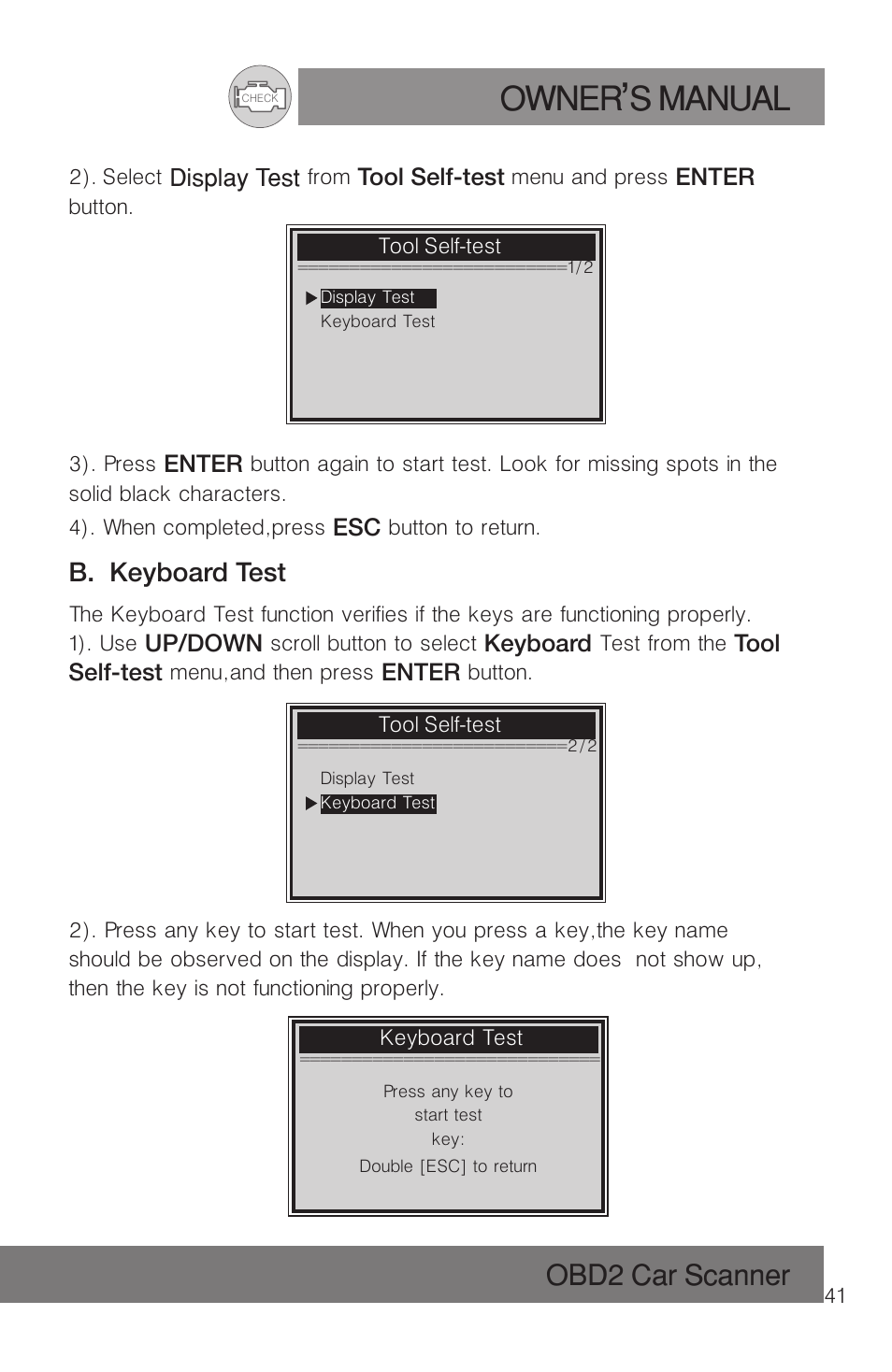 Owner s manual, Obd2 car scanner, B. keyboard test | Roadi RDT51 User Manual | Page 45 / 186