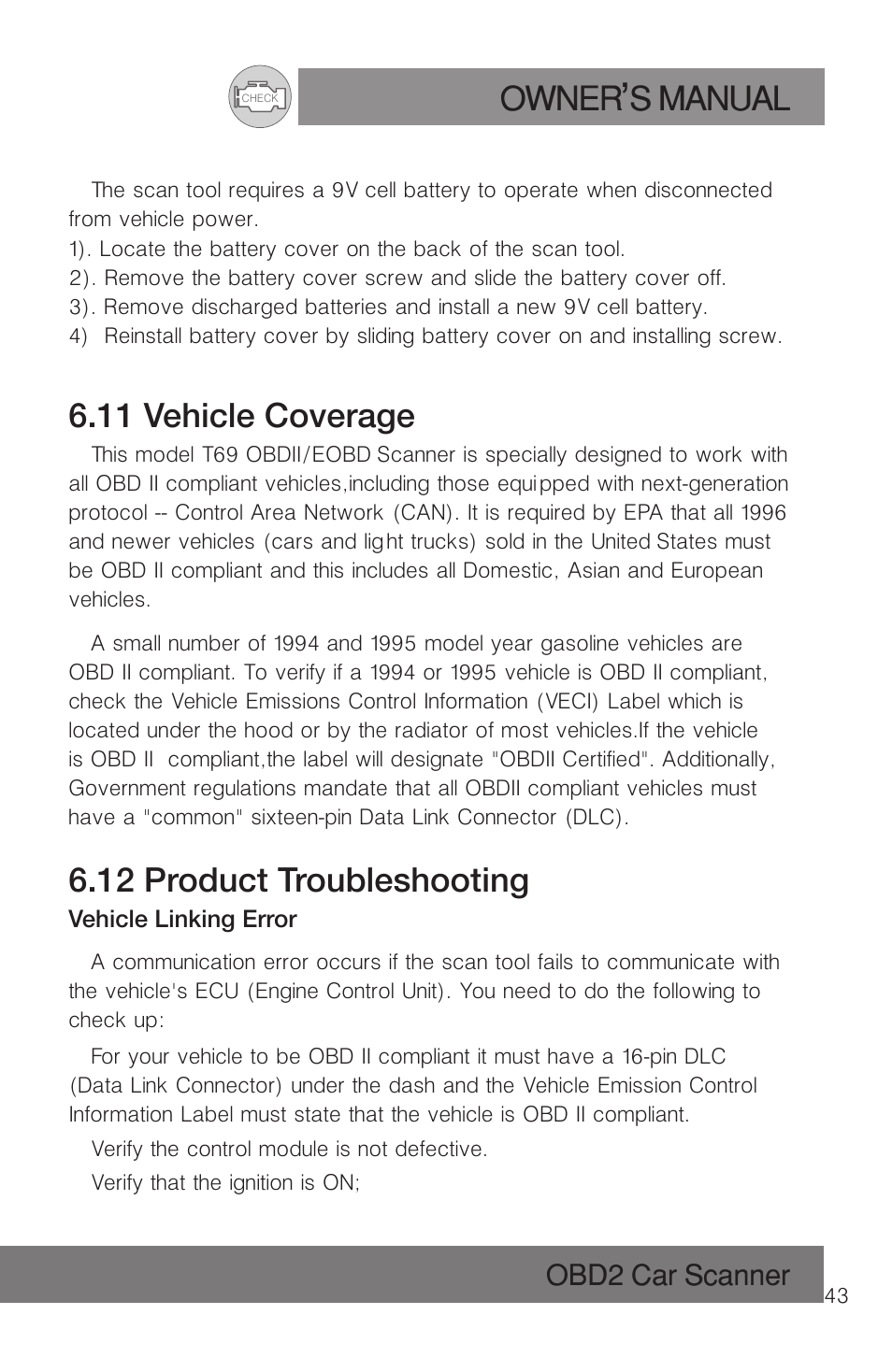 Owner s manual, 11 vehicle coverage, 12 product troubleshooting | Roadi RDT51 User Manual | Page 47 / 186