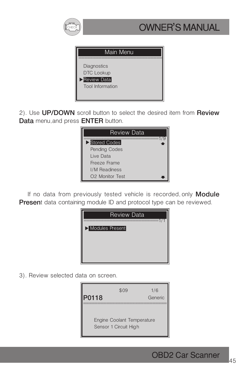 Owner s manual, Obd2 car scanner | Roadi RDT51 User Manual | Page 49 / 186