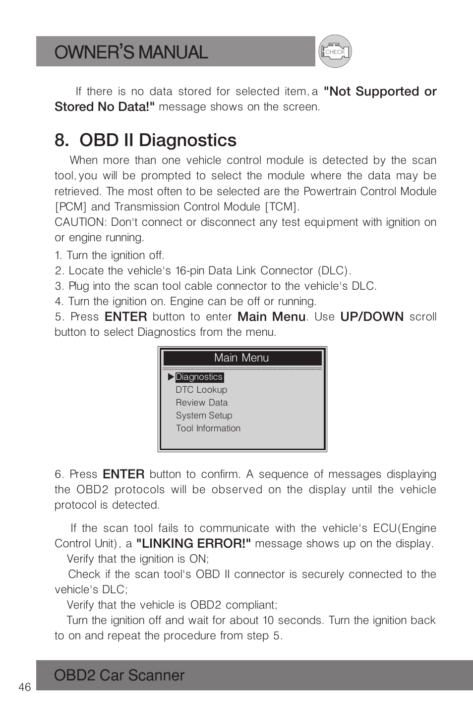 Owner s manual, Obd ii diagnostics, Obd2 car scanner | Roadi RDT51 User Manual | Page 50 / 186