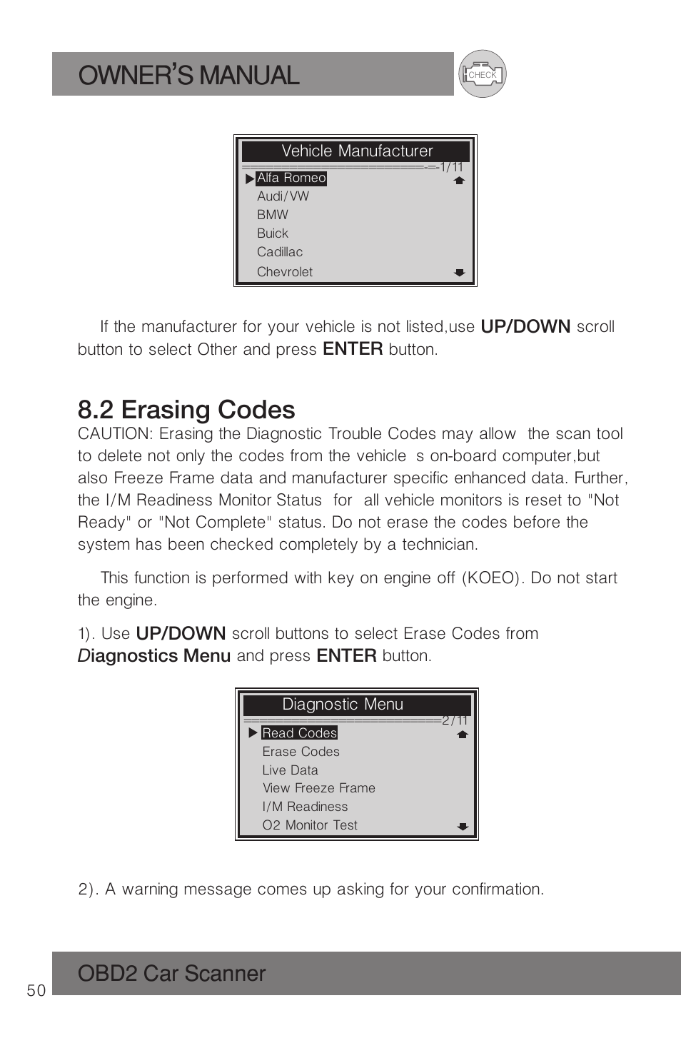 Owner s manual, 2 erasing codes, Obd2 car scanner | Roadi RDT51 User Manual | Page 54 / 186