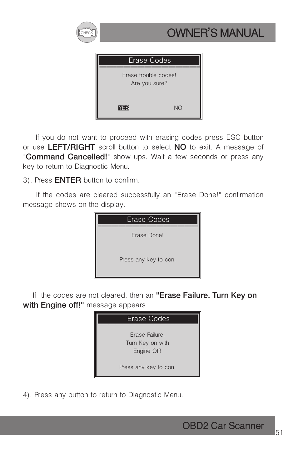 Owner s manual, Obd2 car scanner | Roadi RDT51 User Manual | Page 55 / 186