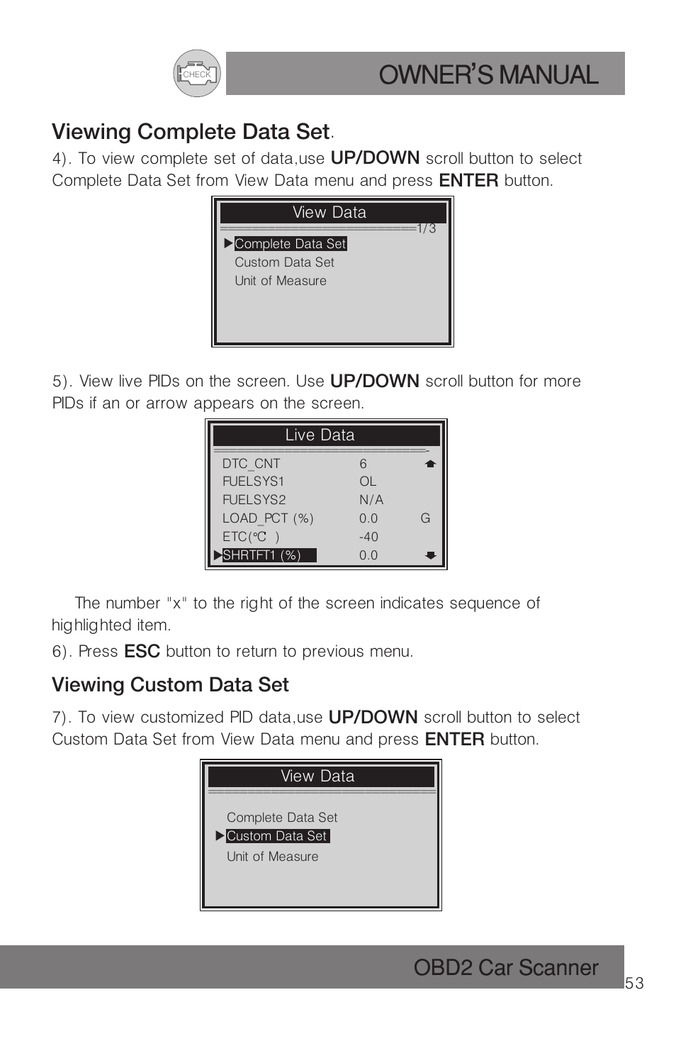 Owner s manual, Obd2 car scanner, Viewing complete data set | Viewing custom data set | Roadi RDT51 User Manual | Page 57 / 186