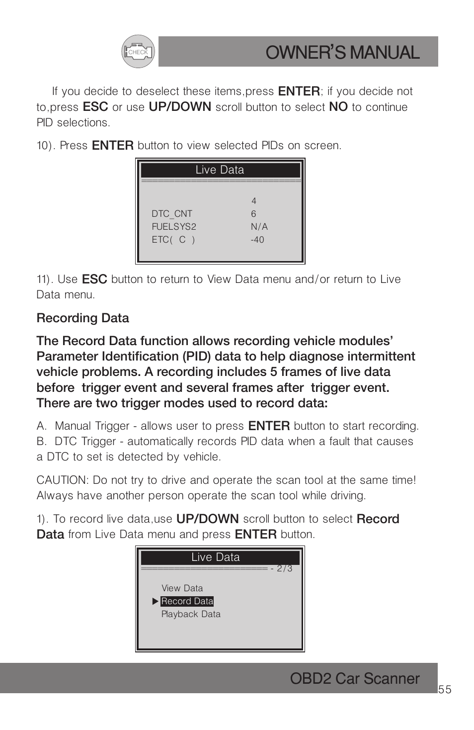 Owner s manual, Obd2 car scanner | Roadi RDT51 User Manual | Page 59 / 186