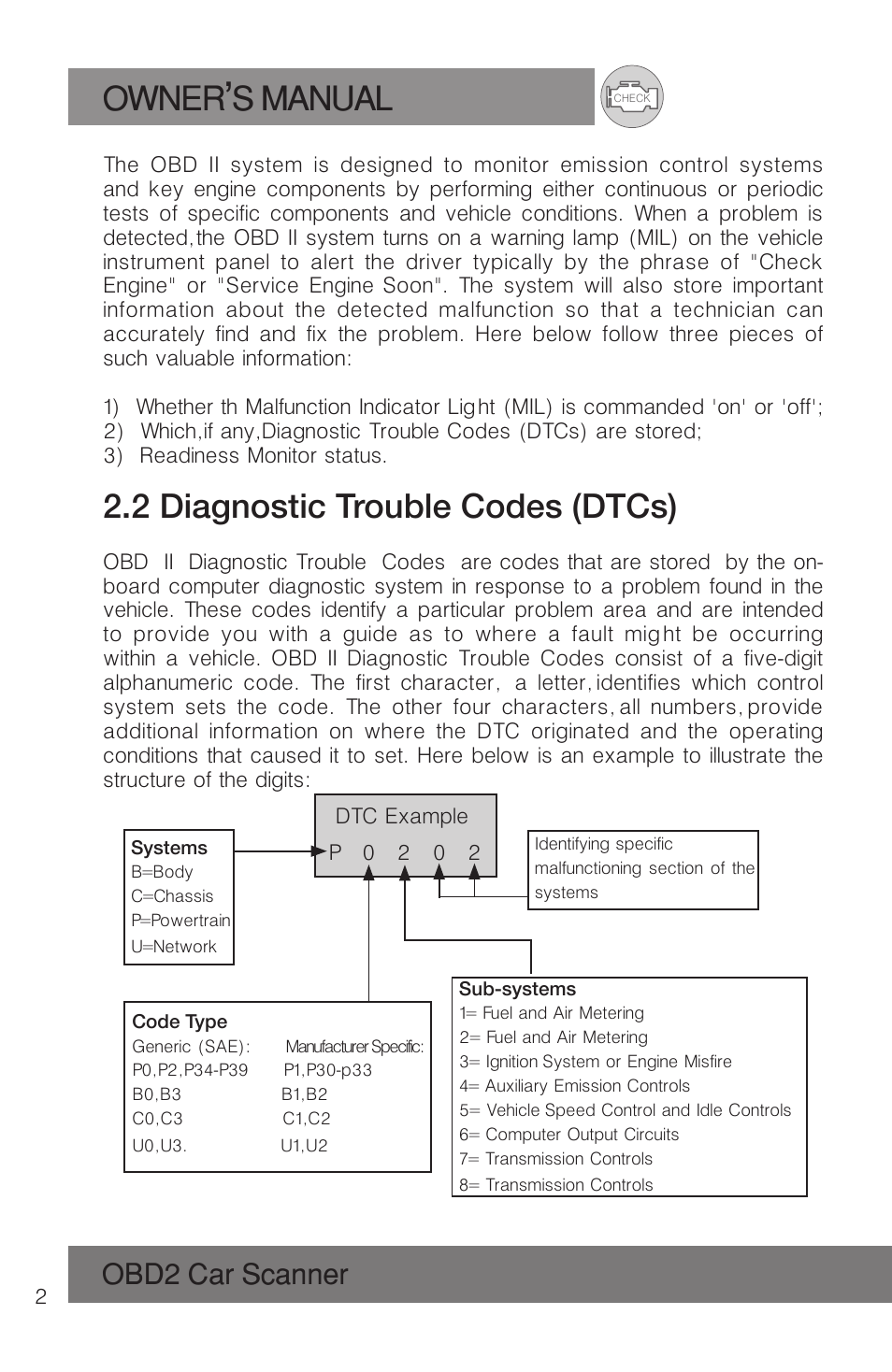 Owner s manual, 2 diagnostic trouble codes (dtcs), Obd2 car scanner | Roadi RDT51 User Manual | Page 6 / 186