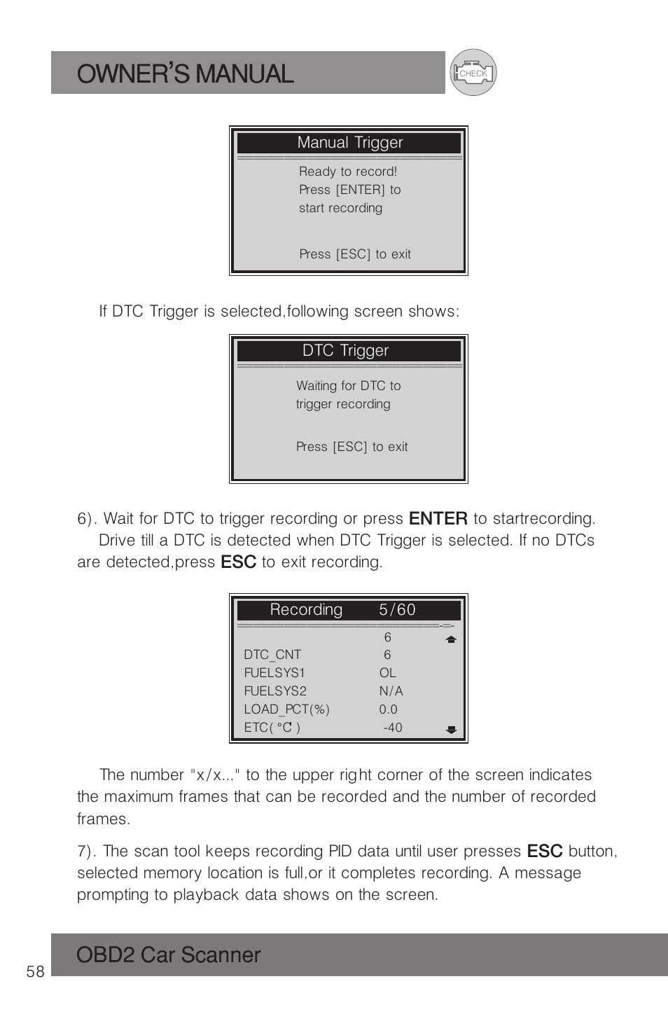 Owner s manual, Obd2 car scanner | Roadi RDT51 User Manual | Page 62 / 186