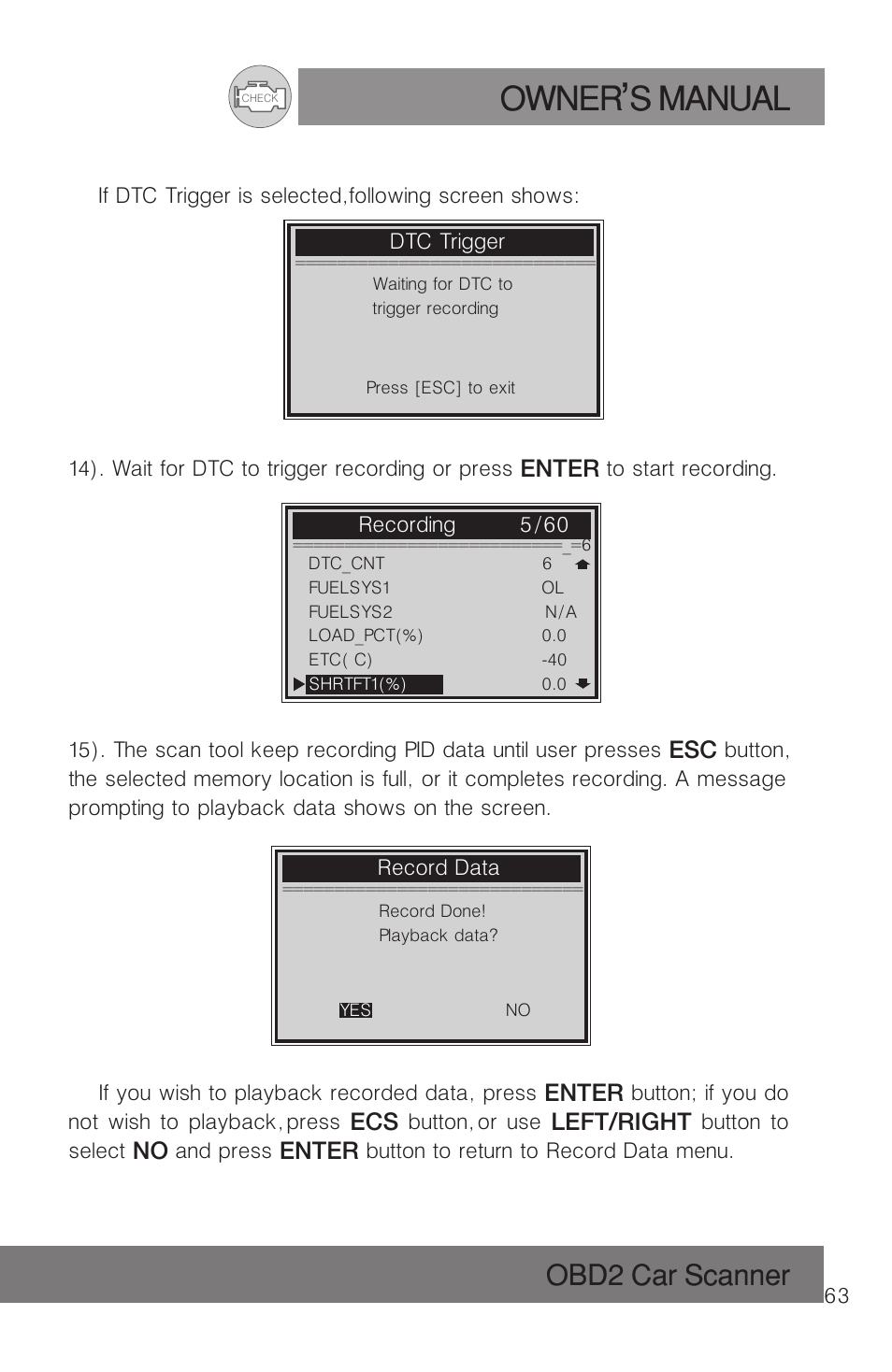 Owner s manual, Obd2 car scanner | Roadi RDT51 User Manual | Page 67 / 186