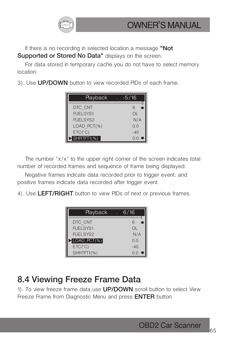 Owner s manual, 4 viewing freeze frame data, Obd2 car scanner | Roadi RDT51 User Manual | Page 69 / 186
