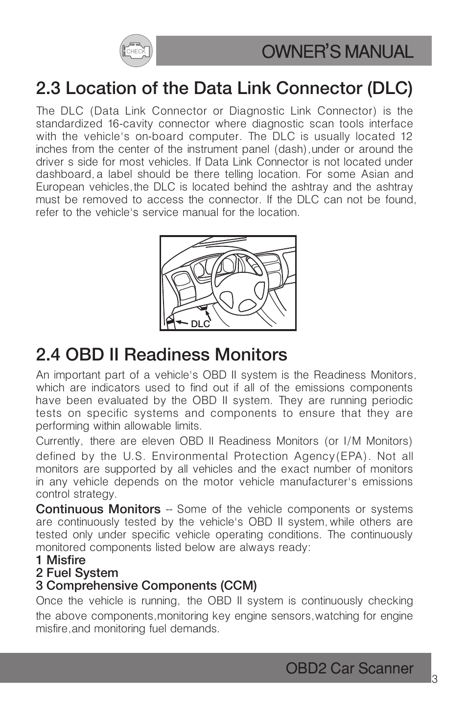 Owner s manual, 3 location of the data link connector (dlc), 4 obd ii readiness monitors | Roadi RDT51 User Manual | Page 7 / 186