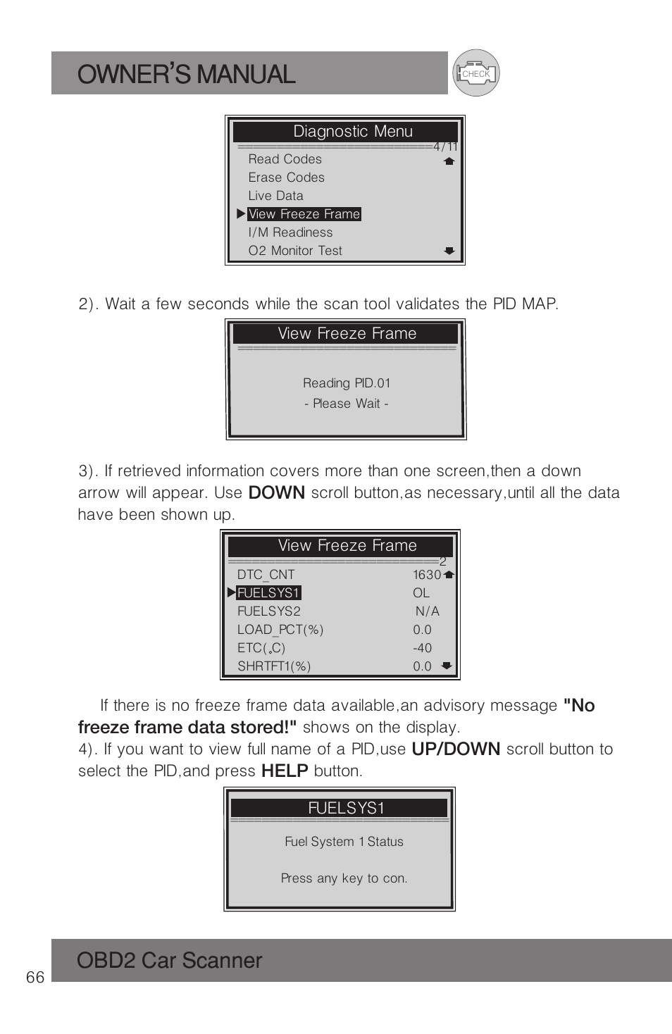 Owner s manual, Obd2 car scanner | Roadi RDT51 User Manual | Page 70 / 186