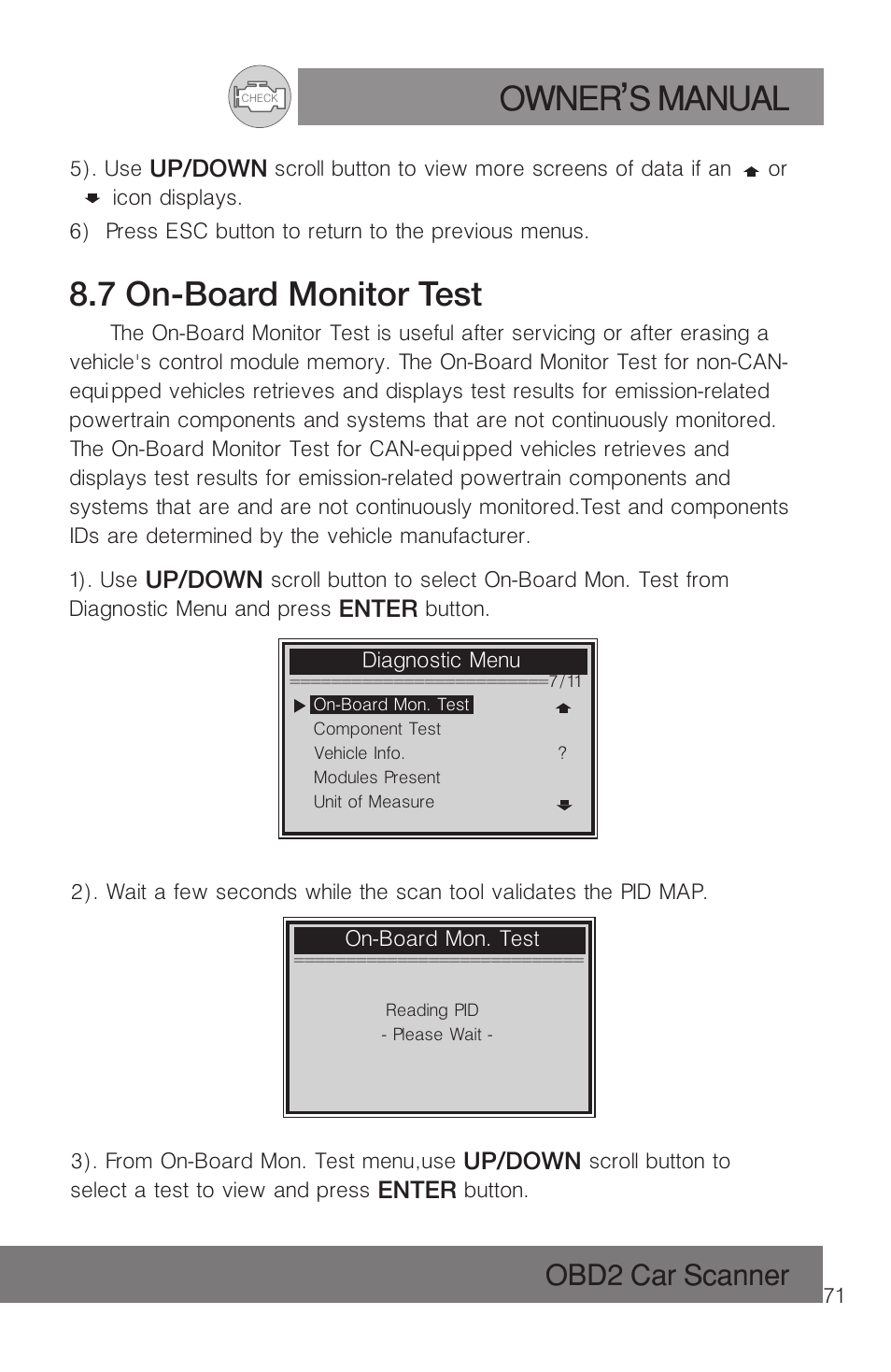 Owner s manual, 7 on-board monitor test, Obd2 car scanner | Roadi RDT51 User Manual | Page 75 / 186