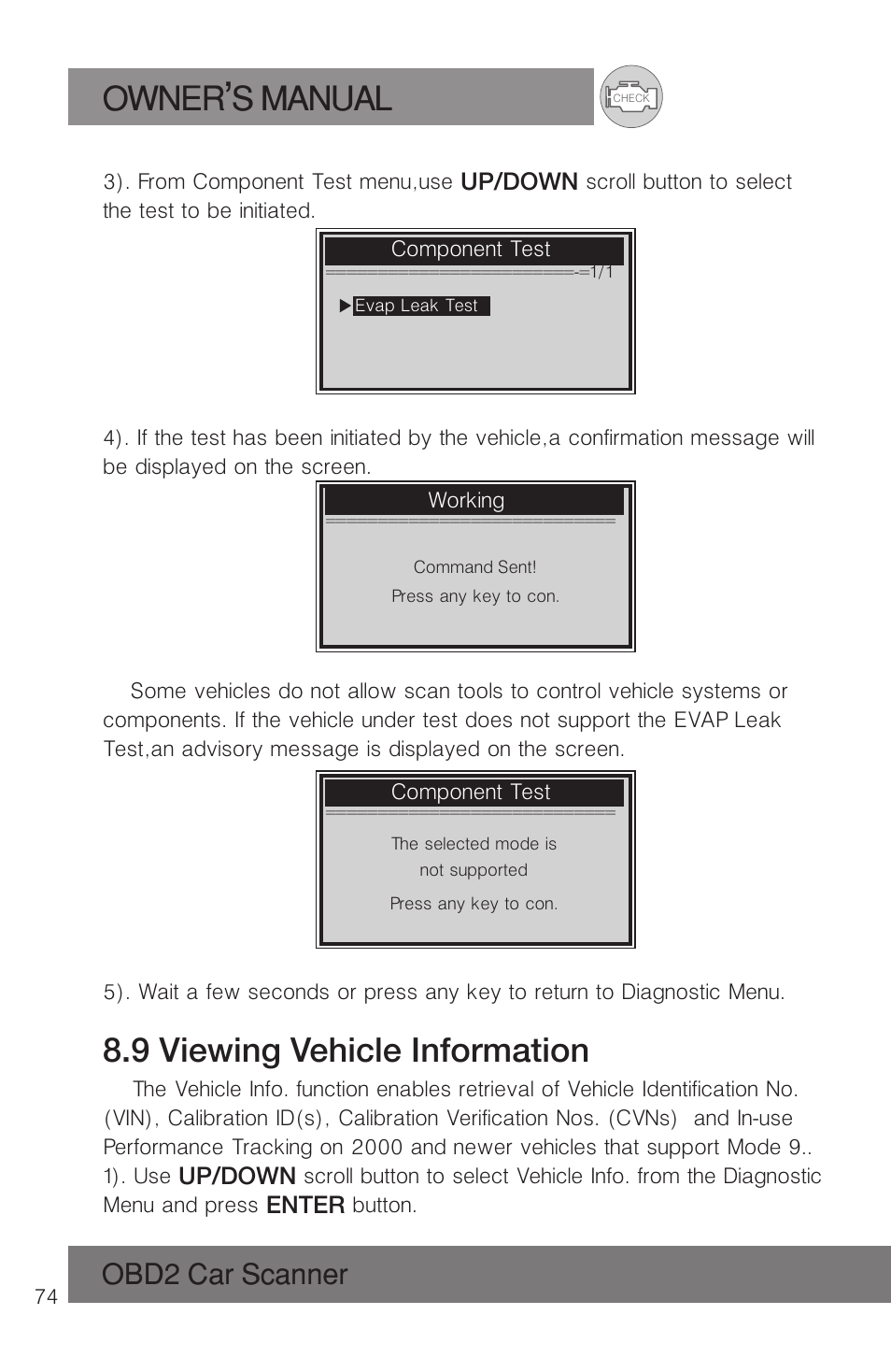 Owner s manual, 9 viewing vehicle information, Obd2 car scanner | Roadi RDT51 User Manual | Page 78 / 186